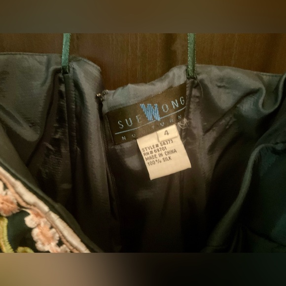 Sue Wong 100% 4 Silk Emerald Teal Strapless Embroidered Peplum Evening Dress - Picture 3 of 12